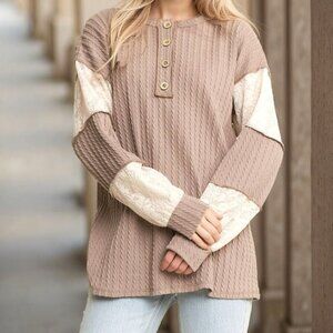 B18 LONG SLEEVE ROUND NECK SOLID URBAN RIB AND LACE CONTRAST TOP Cream NEW